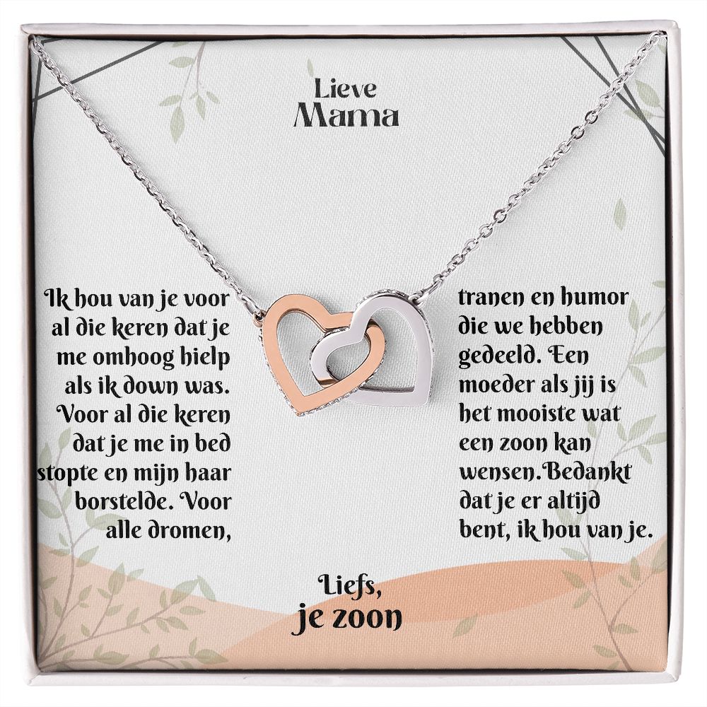 Lieve Mama | Liefs, je zoon | Ik hou van je | In Elkaar Grijpende Hart Ketting