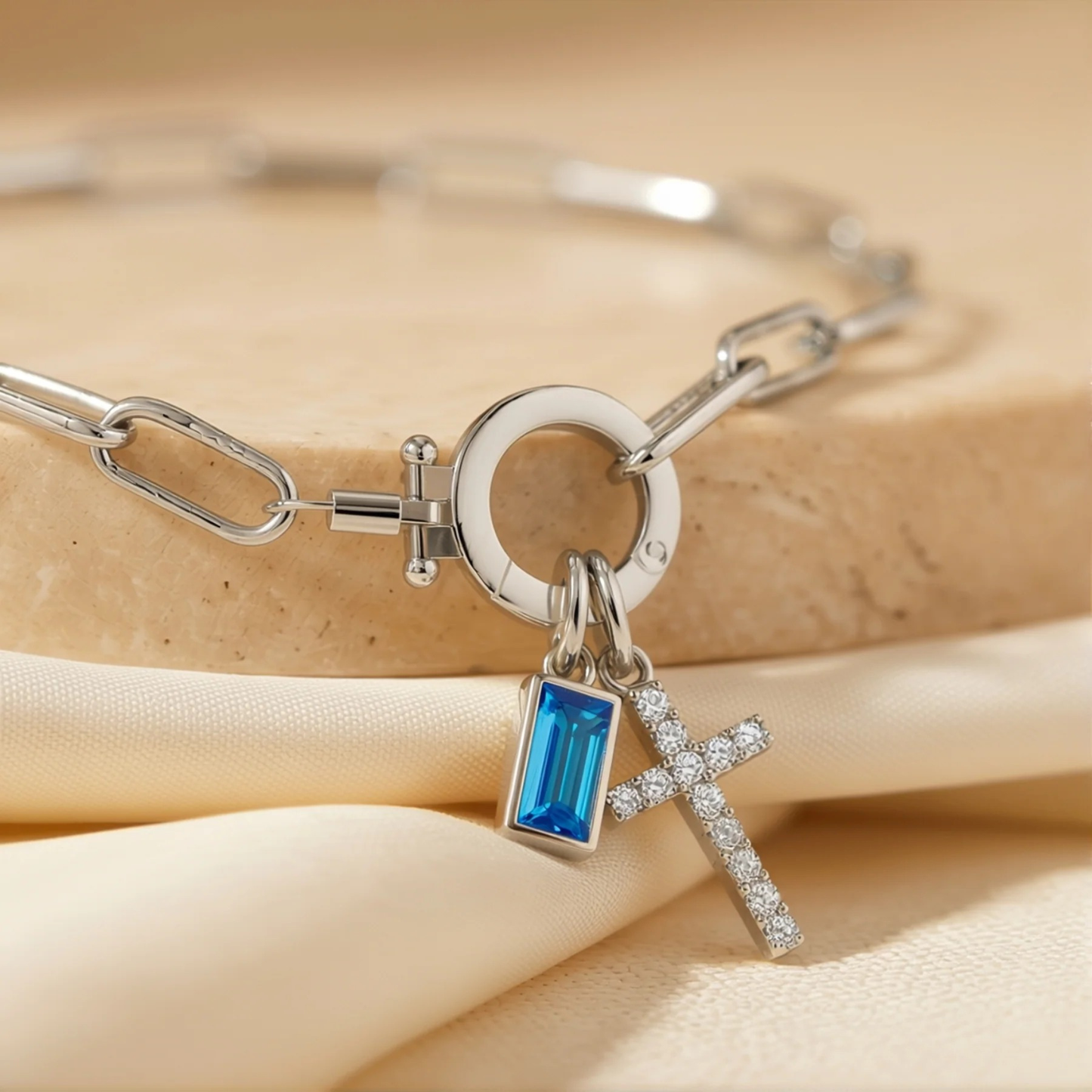 Geboortesteen Kruis Bedel Schakel Armband