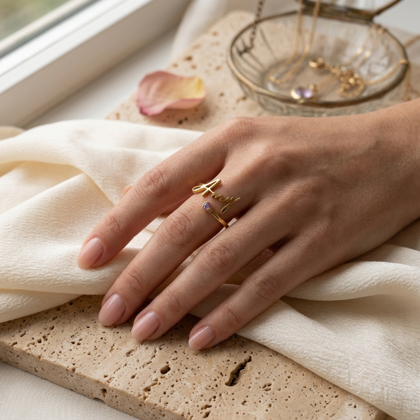 Gepersonaliseerde Geboortesteen Naam Ring