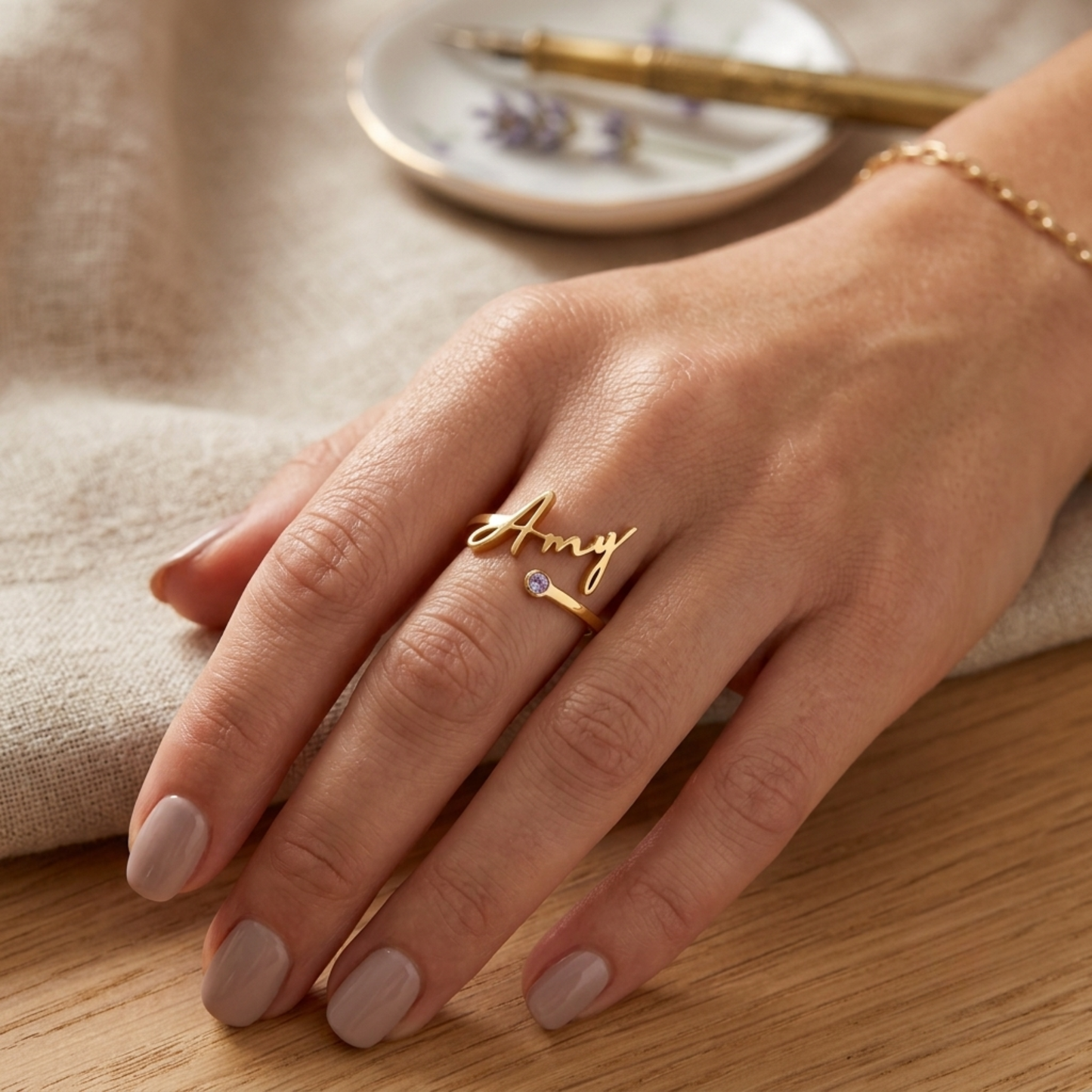 Gepersonaliseerde Geboortesteen Naam Ring